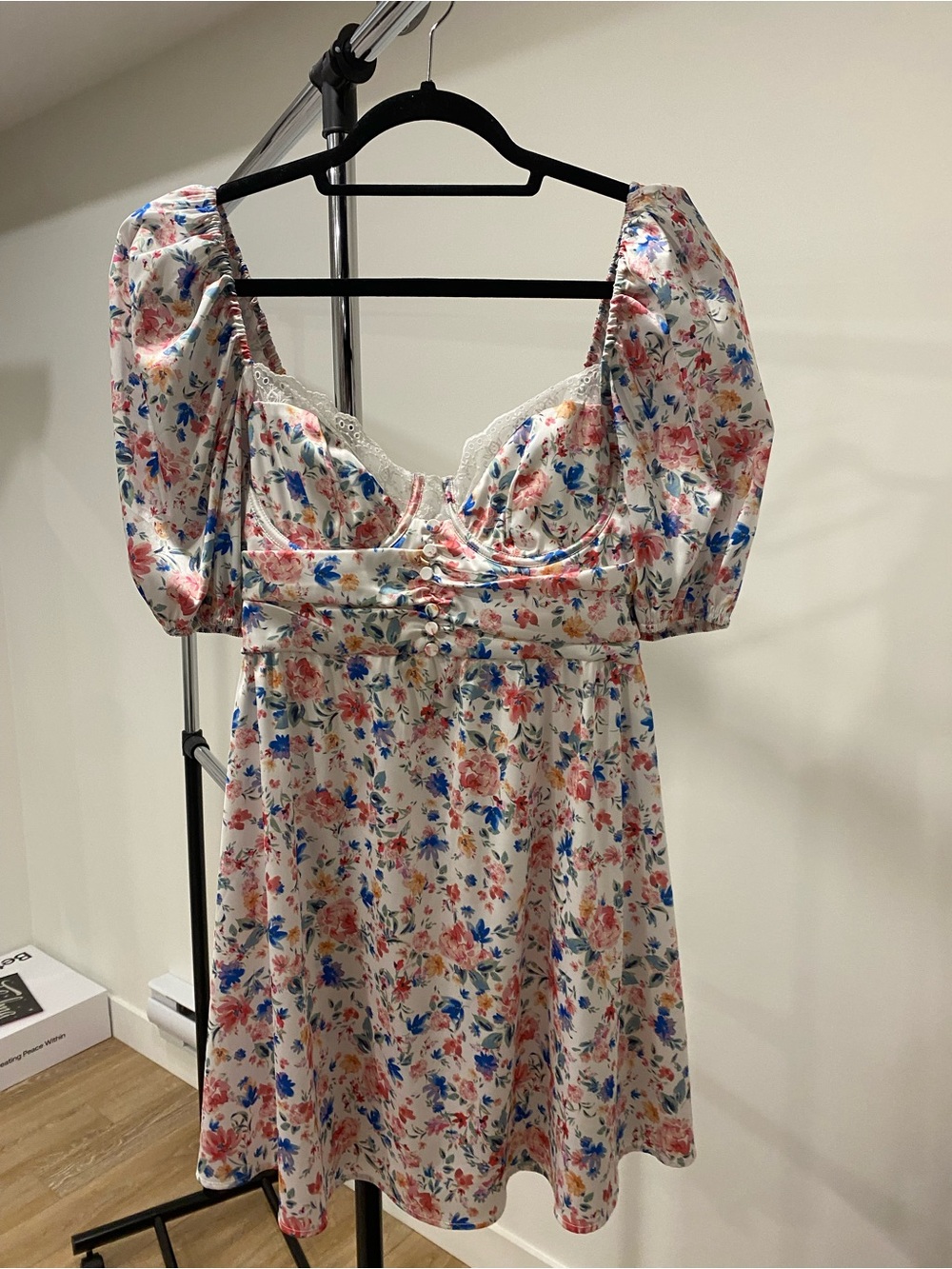 For Love & Lemons White Floral Puff-Sleeve Mini Dress